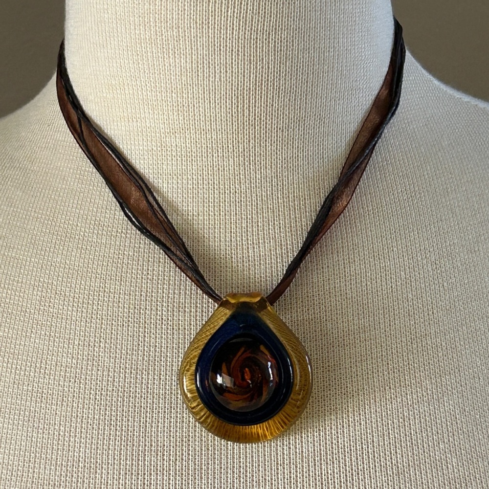 Art Deco Glass Pendant Ribbon & Cord Necklace